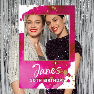 May include: Pink and gold photo booth prop with a white background and the text "Jane's 30th Birthday".