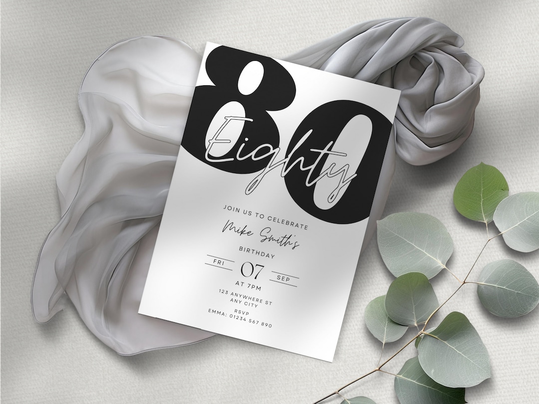 Black and White 80th Birthday Party Invitation, Minimal Modern Phone