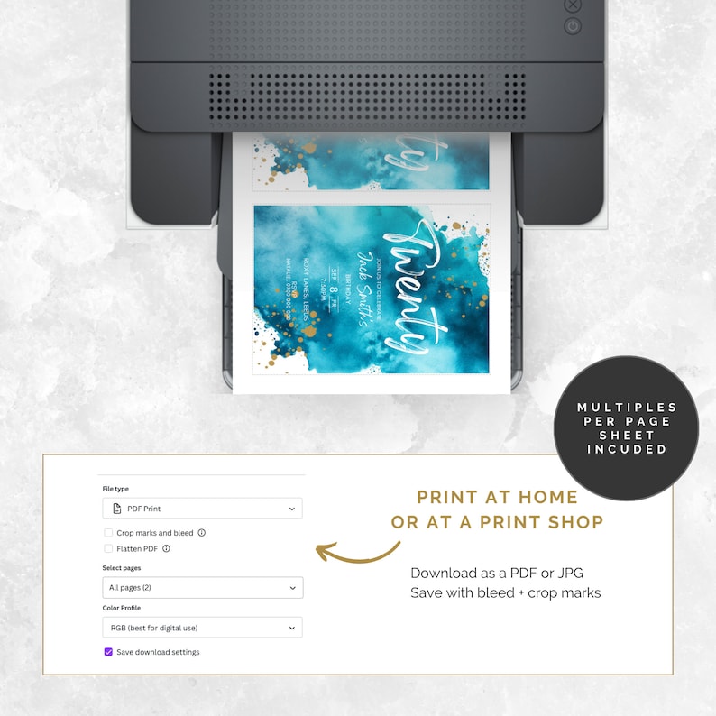 May include: A printable invitation for a 20th birthday party. The invitation features a blue and gold watercolor background with the text "Jack Smith's Twenty Birthday" in white. The invitation is designed to be printed at home or at a print shop. Multiple invitations can be printed per page.