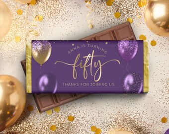 Purple and Gold Chocolate Bar Wrapper, 50th Birthday Aldi Choceur 40g, Hershey's Candy Label, Party Favor, Editable Gift for Guests BPG