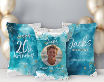 Teal Blue and Gold Chip Bag, Birthday Crisp Packet Label, Snack Package, Watercolor Luxury, Gift Favor, Custom Snack, Canva Template TW1