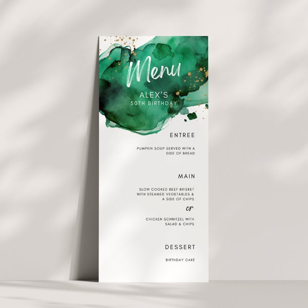 Emerald and Gold Dinner Menu, Party Food, Bar Drinks List, a la Carte Birthday Brunch, Green Watercolor Luxury Card, Canva Template GW1