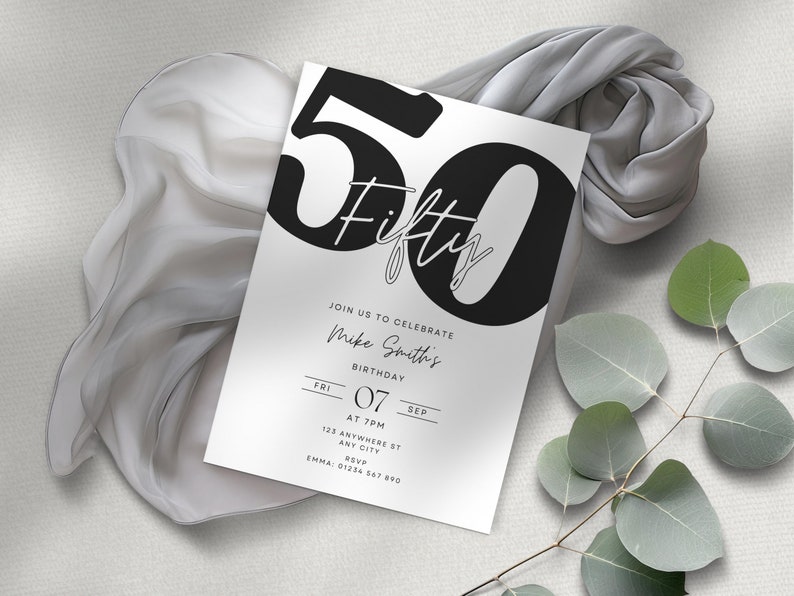 Black and White 50th Birthday Party Invitation, Minimal Modern Phone