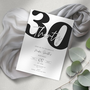 Black and white 30th Birthday Party Invitation, Minimal Modern Phone text, Monochrome Simple Unisex Invite, Canva Template Printable - BA1