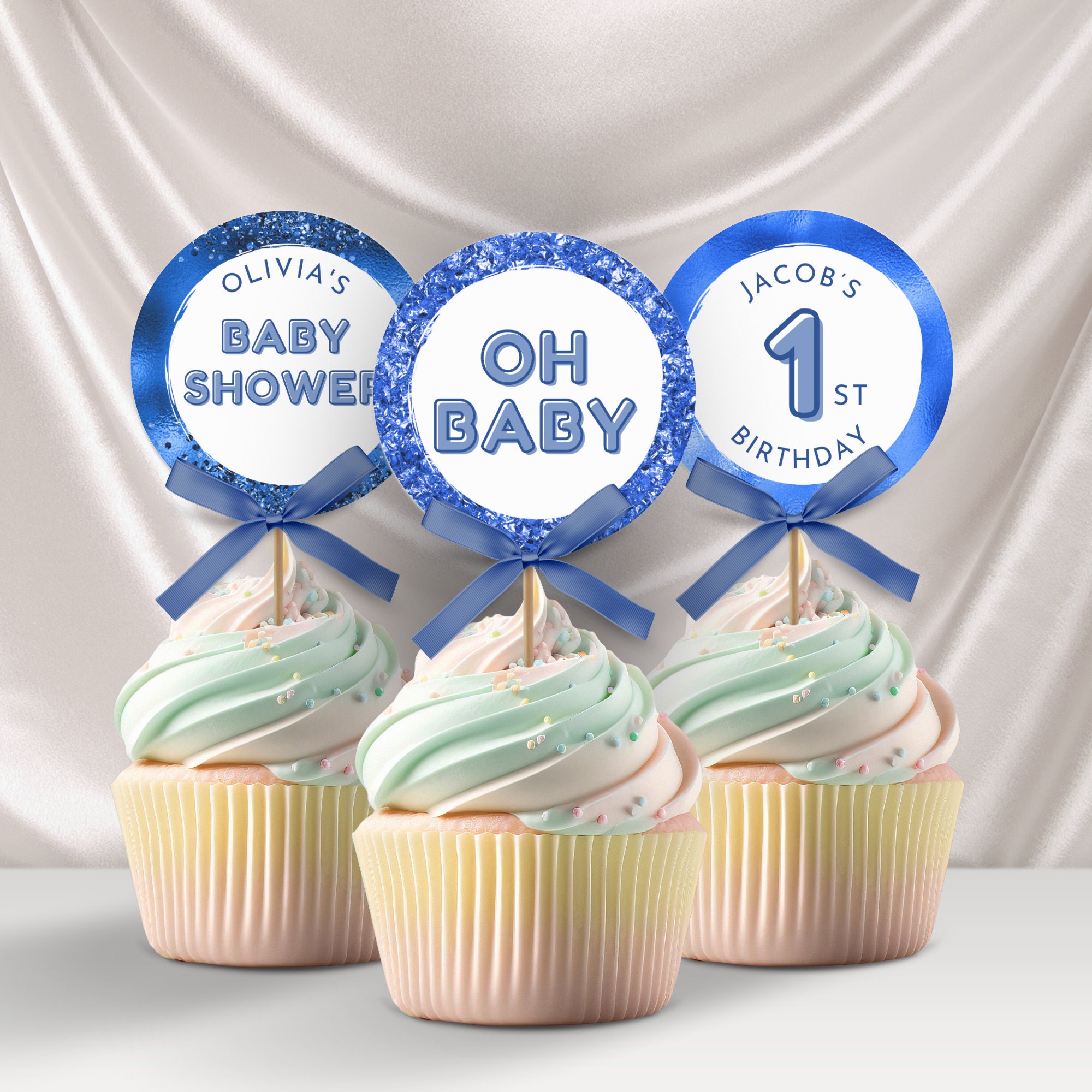 Royal Blue Cupcake Toppers, Circle Cake Decoration, Metallic Glitter ...