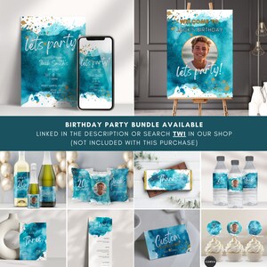 May include: A birthday party bundle with a blue and gold watercolor theme. The bundle includes a welcome sign, invitations, labels for bottles, cupcake toppers, a menu, a table number, and a custom card. The text on the welcome sign says "Welcome to Jack's Birthday! Let's Party!"