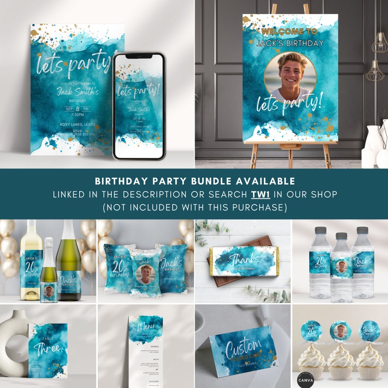 May include: A birthday party bundle with a blue and gold watercolor theme. The bundle includes a welcome sign, invitations, labels for bottles, cupcake toppers, a menu, a table number, and a custom card. The text on the welcome sign says "Welcome to Jack's Birthday! Let's Party!"
