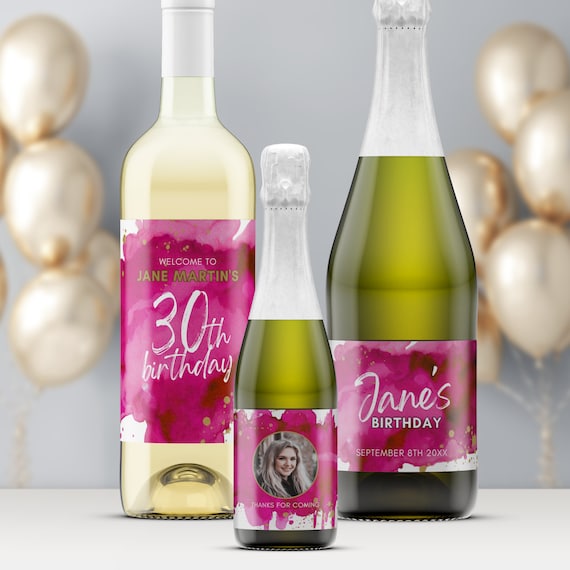 Pink Wine Bottle Custom Drinks Label, Mini Champagne Beer Prosecco, Gifts Favor Tags, Fuchsia and Gold Watercolor Party, Canva Template PW1