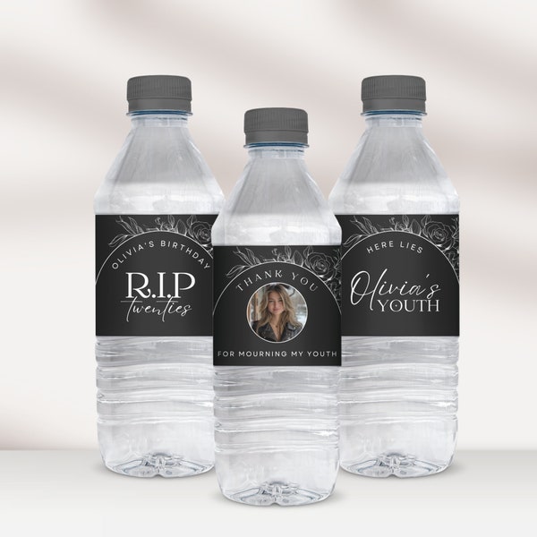 RIP Twenties Water Bottle Labels, Custom Drink Tag, Black & White Floral, Dark Gothic 30th Birthday Party, DIY gift favor Canva Template C01