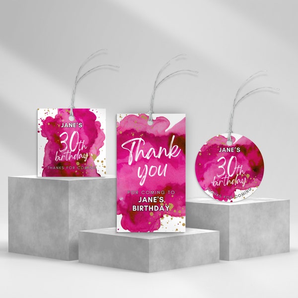 Pink Thankyou Tags, Custom Square Circle Luggage Gift Labels for Favours, Fuchsia and Gold Watercolor Birthday Party, Canva Template PW1