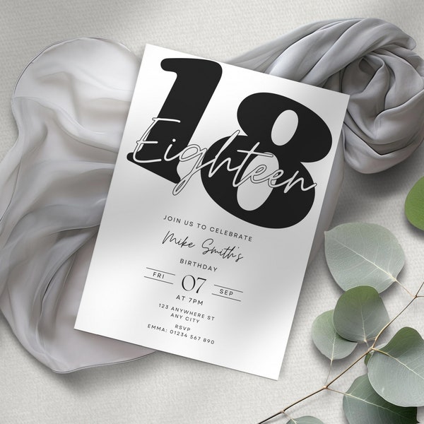 Black and white 18th Birthday Party Invitation, Minimal Modern Phone text, Monochrome Simple Unisex Invite, Canva Template Printable - BA1