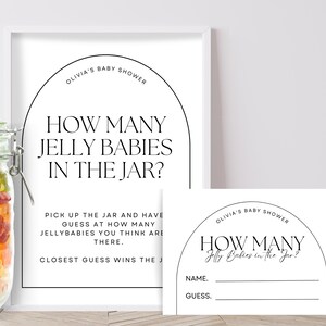 Wie viele Gummibärchen im Glas, Babyparty-Schild und Aktivität, minimalistische neutrale Unisex-Party, Junge Mädchen, moderner Bogen, Spielvorlage M01