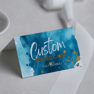 Carte tente alimentaire bleu sarcelle et or, étiquettes pliées pour buffet, enseignes de collation de fête d'anniversaire, marque place de table, modèle Canva aquarelle bleu TW1