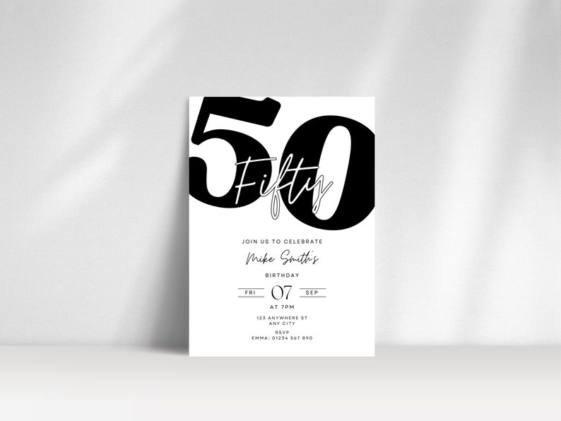 Black and White 50th Birthday Party Invitation, Minimal Modern Phone