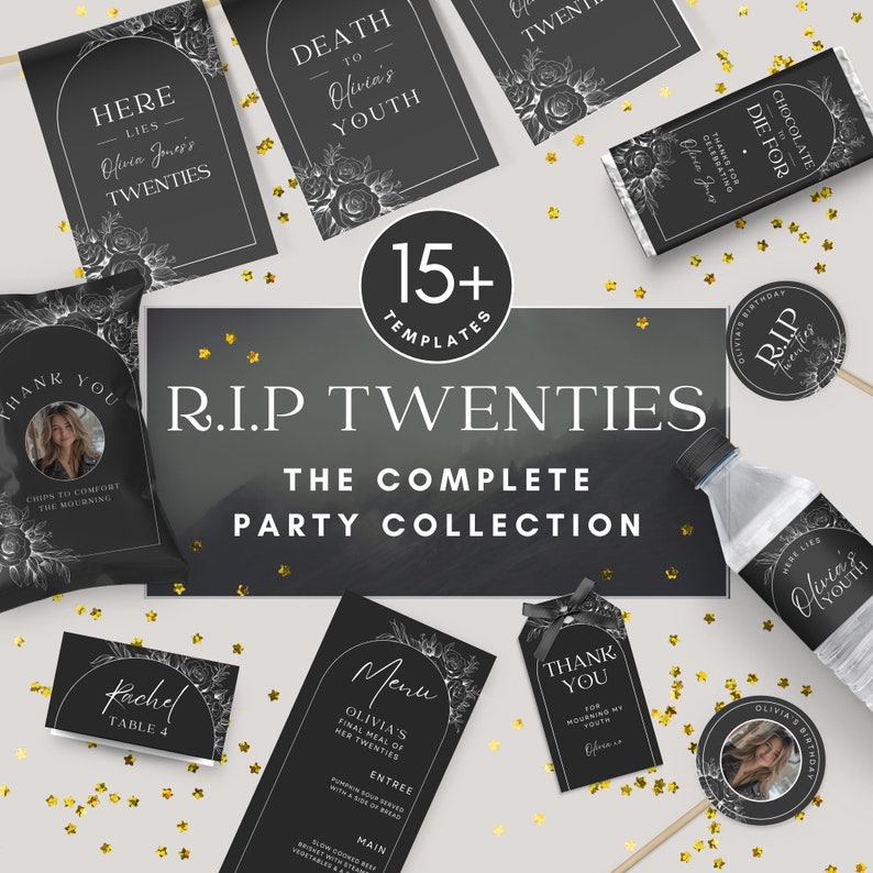Rip Wrapper RIP Twenties Party Bundle, Gothic 30th Birthday, Black & Gold Floral ...