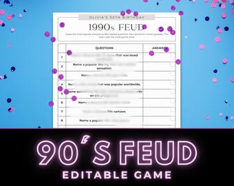 90s Feud Trivia Game, Born in the 1990s Party Activity, 30th Birthday Quiz, Canva Template, Family Friendly Printable for Groups All Ages