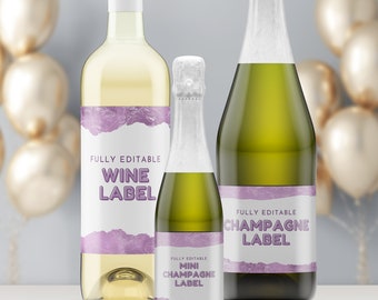 Może przedstawiać: Trzy butelki wina z fioletowymi i białymi etykietami. Etykiety głosi: "Fully Editable Wine Label", "Fully Editable Mini Champagne Label" i "Fully Editable Champagne Label".