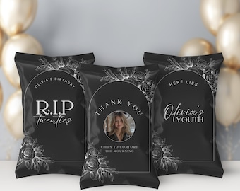 RIP Twenties Chip Bag, Birthday Crisp Packet Label, Snack Package, Gothic Black & White Floral, Gift Favor, Custom Snack, Canva Template C01