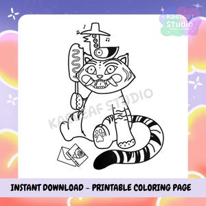 May include: Black and white line art of a cartoon tiger holding a corn dog and wearing a hat. The tiger has a striped tail and is sitting down. An envelope with the text "Save the Date" is on the ground. The text "INSTANT DOWNLOAD - PRINTABLE COLORING PAGE" is at the bottom.