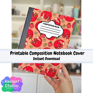 Printable Composition Notebook Cover, PNG, Back to School Personal Notebook, Custom Journal, Strawberry Cat, Cute Art
