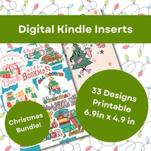 Puede incluir: Una descarga digital de 33 insertos imprimibles para Kindle con temática navideña. Los insertos presentan ilustraciones de libros, árboles de Navidad y texto festivo. Los diseños miden 17,5 cm por 12,4 cm.