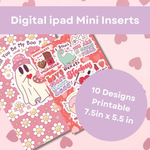 May include: Ten printable designs for iPad Mini inserts featuring a pink and red color scheme with various Valentine's Day themed illustrations and text, including "You Are My Missing Piece", "Love More Work Less", and "I Steal Hearts". Each design measures 7.5 inches by 5.5 inches.