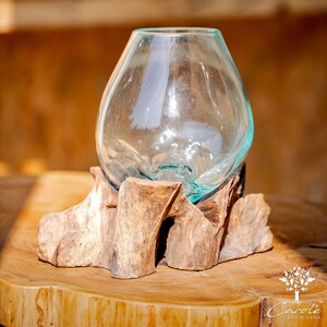 Peut inclure: Un vase en verre transparent avec une forme organique unique repose sur une base en bois naturel. Le vase est parfait pour présenter des fleurs ou d'autres éléments décoratifs.