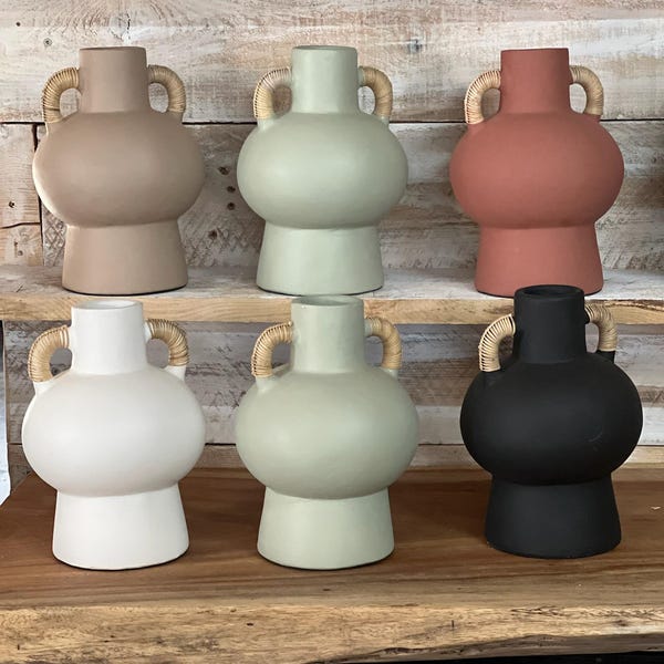 Maceta de terracota y ratán - Jarrón de terracota - Jarrón con asas - Decoración de jarrones - Decoración de interiores moderna - Jarrón moderno