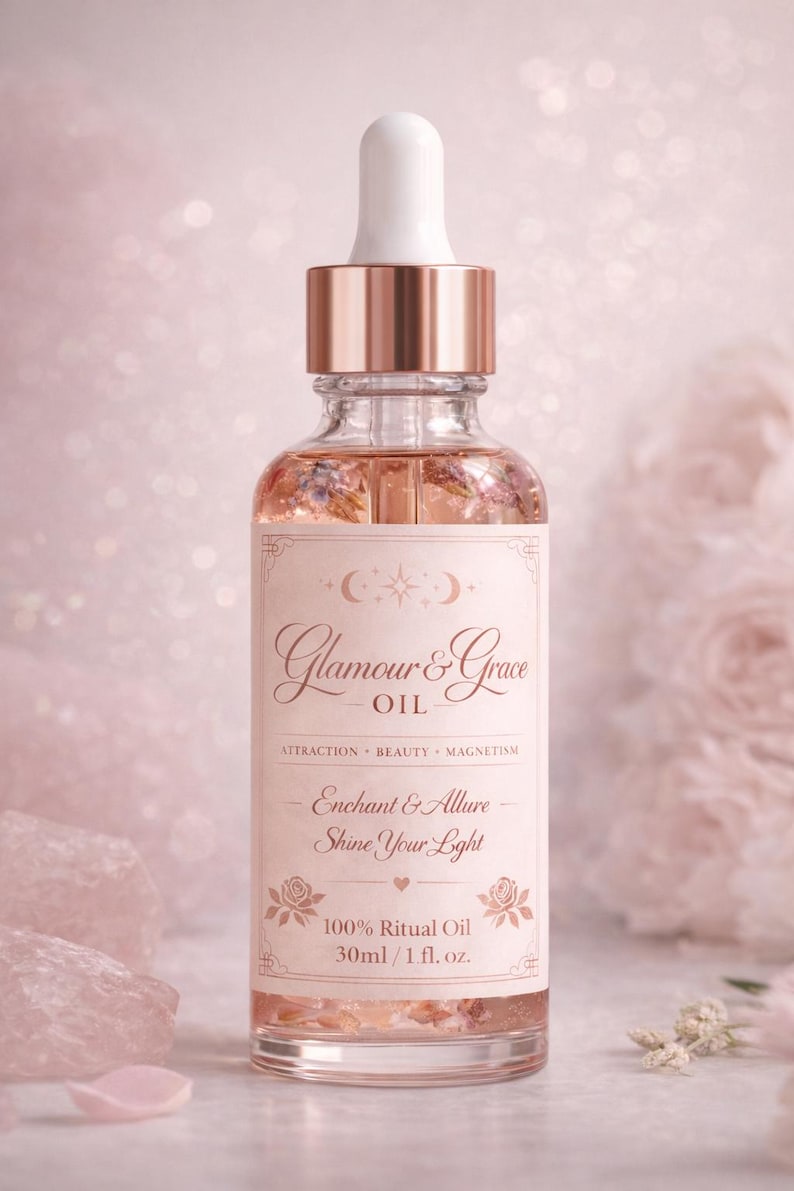 Puede incluir: Una botella de vidrio transparente de aceite Glamour & Grace con tapa dorada y cuentagotas blanco. La etiqueta dice "Glamour & Grace OIL". La botella contiene 30 ml de aceite.