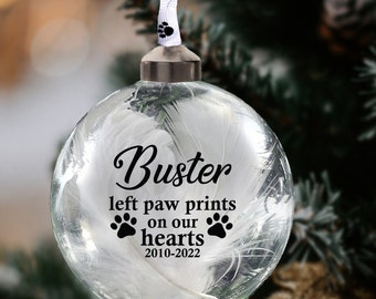 Personalised Pet Memorial Bauble in 11 Colours Left Paw Prints On Our Hearts 8cm Glass Bauble