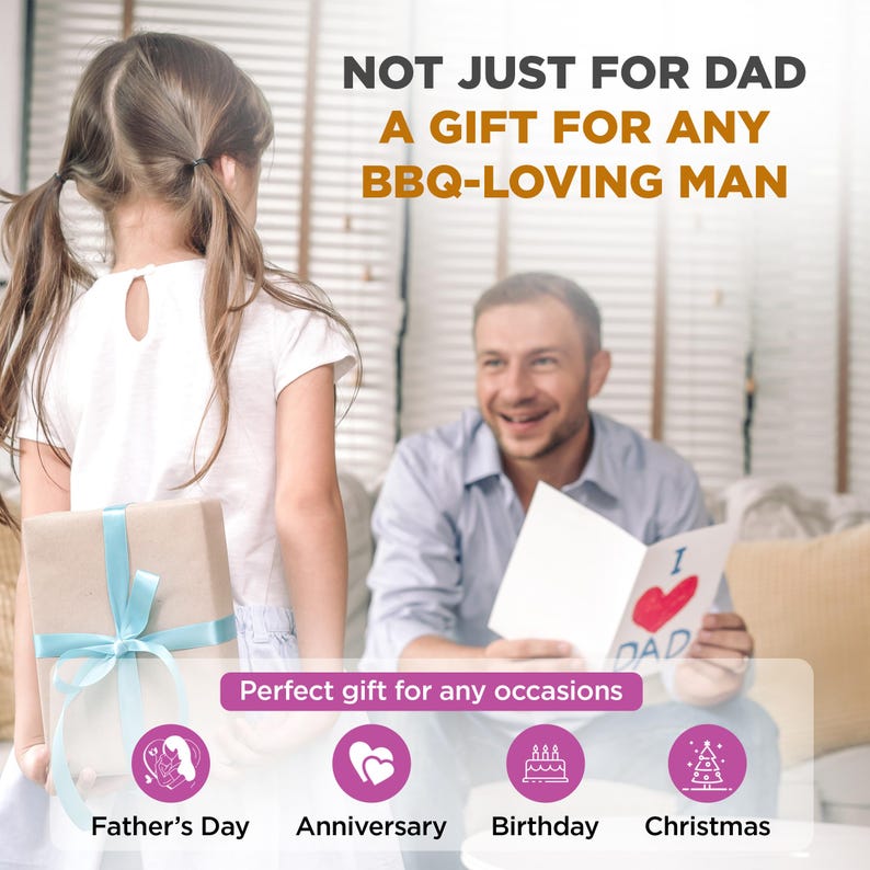Puede incluir: Un ni&ntilde;o sostiene una caja de regalo envuelta en papel marr&oacute;n y atada con una cinta azul claro. La imagen incluye el texto "NOT JUST FOR DAD A GIFT FOR ANY BBQ-LOVING MAN". Tambi&eacute;n se muestran iconos para el D&iacute;a del Padre, Aniversario, Cumplea&ntilde;os y Navidad.