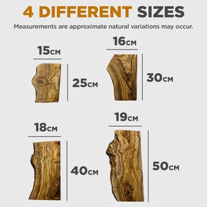 Puede incluir: Imagen que muestra cuatro tama&ntilde;os diferentes de tablas de madera con vetas naturales. Las medidas se indican en cent&iacute;metros: 15cm x 25cm, 16cm x 30cm, 18cm x 40cm y 19cm x 50cm. El texto superior dice "4 TAMA&Ntilde;OS DIFERENTES".