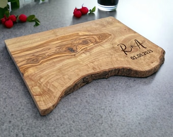 Couples Olive Wood Cutting Board, Personalised Chopping Board, New Home Wedding Anniversary Gift Engraved Large Rustic Wooden Cutting Board
