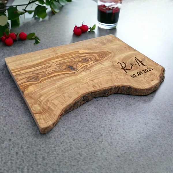 Couples Olive Wood Cutting Board, Personalised Chopping Board, New Home Wedding Anniversary Gift Engraved Large Rustic Wooden Cutting Board