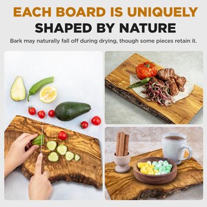 Puede incluir: Un collage de tablas de madera para servir con alimentos. Una tabla muestra a una persona cortando un pepino. Otras tablas muestran carne a la parrilla, verduras y dulces. El texto dice: "EACH BOARD IS UNIQUELY SHAPED BY NATURE."