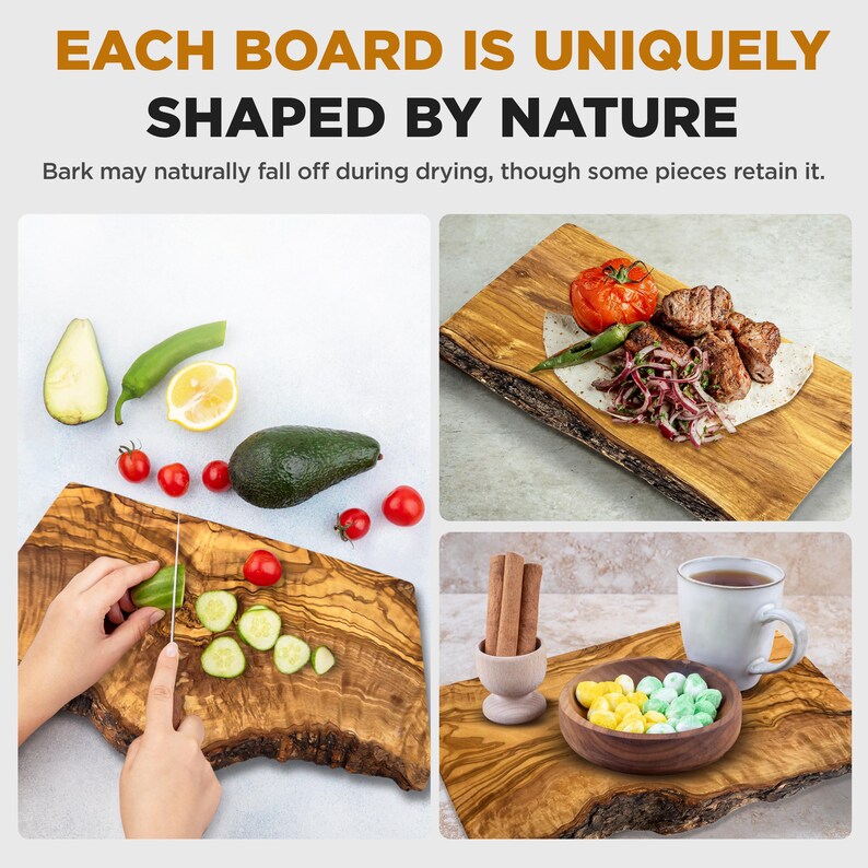 Puede incluir: Un collage de tablas de madera para servir con alimentos. Una tabla muestra a una persona cortando un pepino. Otras tablas muestran carne a la parrilla, verduras y dulces. El texto dice: "EACH BOARD IS UNIQUELY SHAPED BY NATURE."