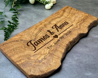 Couples Gift, Olive Wood Cutting Board, Personalised Rustic Wooden Chopping Board, New Home Wedding Anniversary Engagement Engraved Large