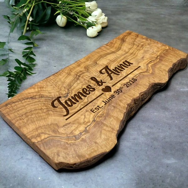 Couples Gift, Olive Wood Cutting Board, Personalised Rustic Wooden Chopping Board, New Home Wedding Anniversary Engagement Engraved Large