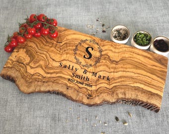 Personalised Rustic Olive Wood Chopping Board, Couples Engagement Gift, Wedding Gift, Anniversary Gift Birthday Gift or Mothers Day Gift