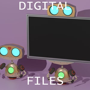 May include: Two cartoon robots with glowing blue eyes and a green light on their chest stand in front of a black screen with the text "DIGITAL FILES" below. The robots are gold and brown with red accents.