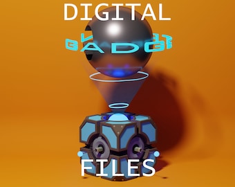 May include: A silver sphere with the word "BADGER" in blue letters hovering above a blue and brown cube with the words "DIGITAL FILES" in blue letters below it. The background is orange.