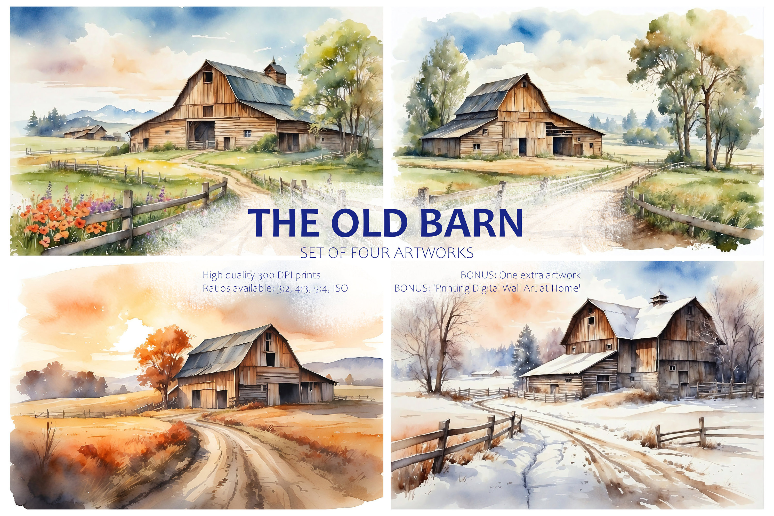 Old Barn Painting | Set of 4 Watercolor Prints | Prints of Old ...
