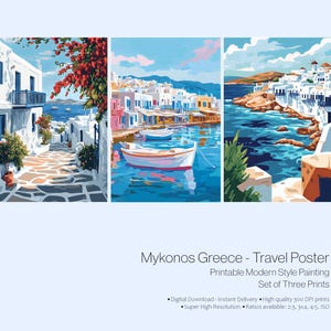 Affiches de voyage de Mykonos, Grèce - Lot de 3 affiches de voyage de style art moderne de la Méditerranée Ville grecque de Mykonos | Maison de plage, art bohème