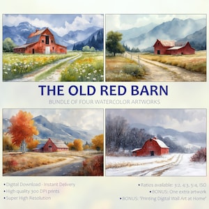 Old Barn Painting | Bundle of 4 Watercolor Prints | Prints of Old Red Barns Set In Beautiful Countryside Landscape Through The Seasons