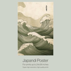 May include: A digital art print featuring a stylized illustration of green waves in a Japanese style. The print is titled "Japandi Poster" and is suitable for prints up to 24x36 inches.