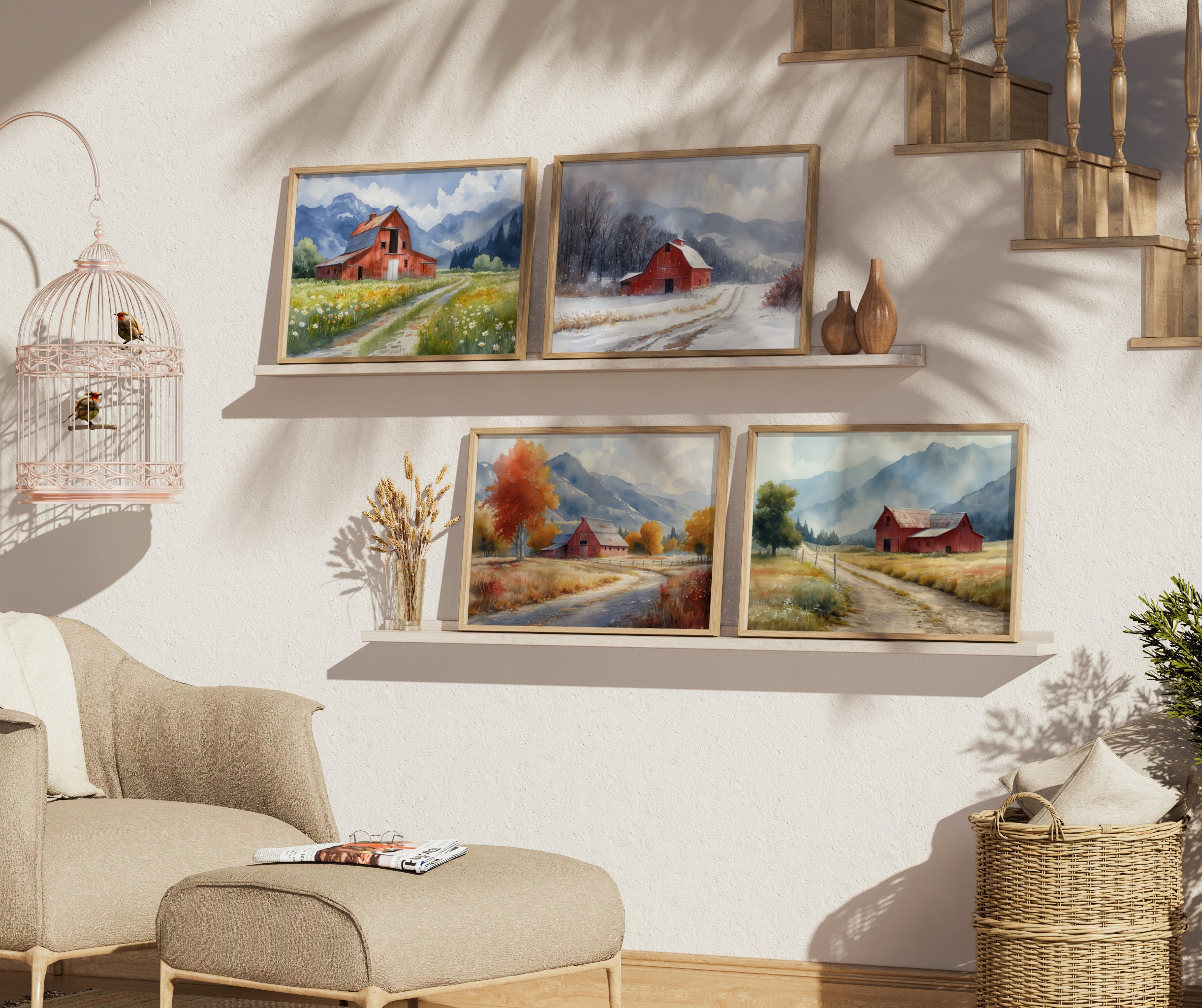Old Barn Painting | Bundle of 4 Watercolor Prints | Prints of Old Red ...