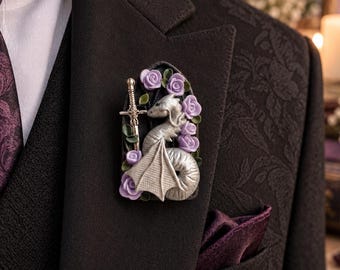 Silver Dragon Groom Brooch with Lilac Roses, Fantasy Wedding Lapel Pin