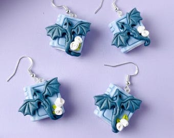 Mini Dragon Book Earrings, Fantasy Polymer Clay Jewelry