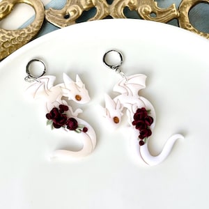 Whimsical White Dragon Earrings, Handmade Fantasy Jewelry with Burgundy Flowers, Unique Gift for Mythical and Magic Lovers, Cute Dragon Gift