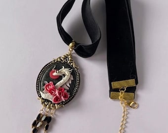 Gothic Dragon and Rose Cameo Velvet Choker Necklace: Fantasy Gifts